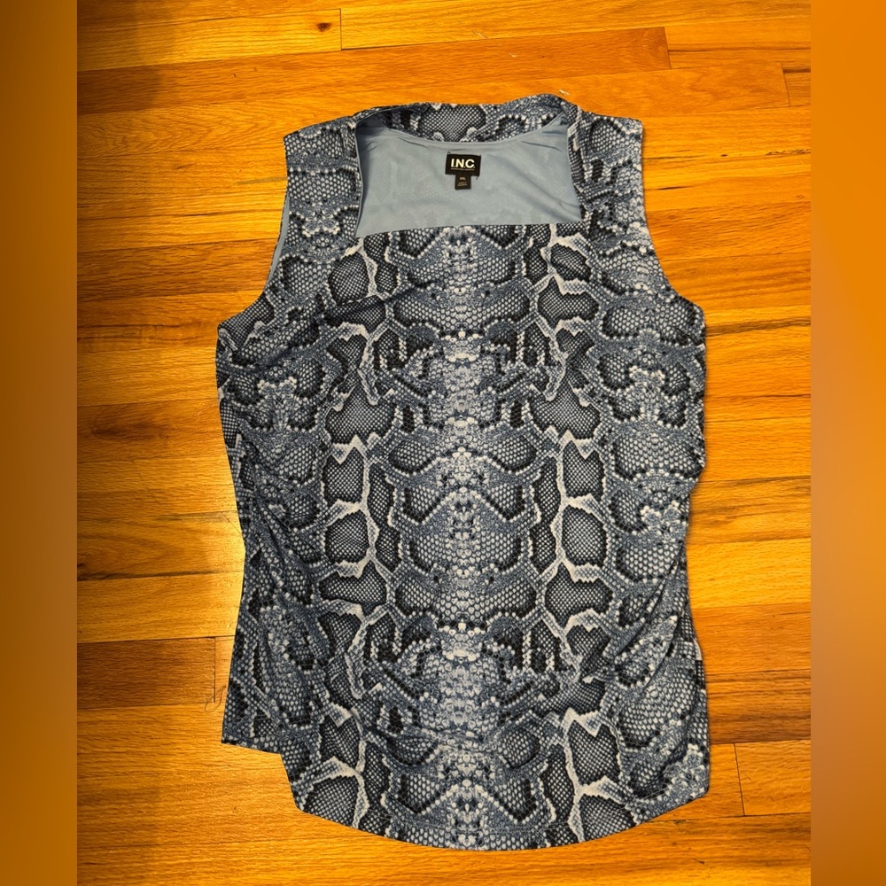INC International Concepts Blue Snake Print Ruched Top